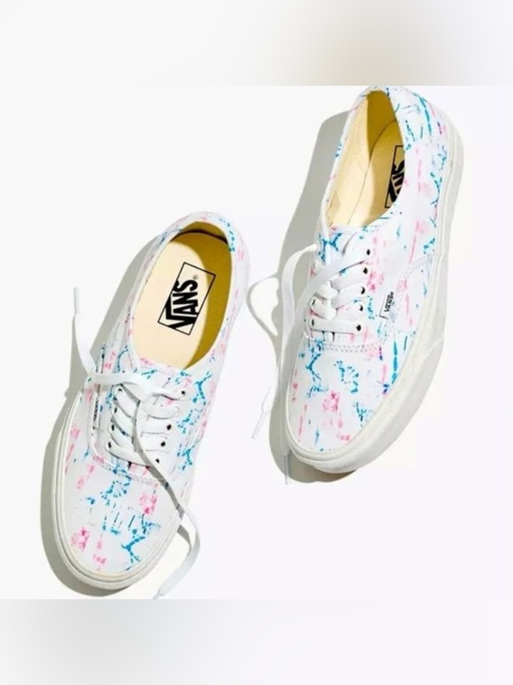 Vans Women's White Canvas Sneakers with Pink & Blue Paint Splatter